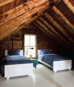 Wooden beams exposed boys bedroom